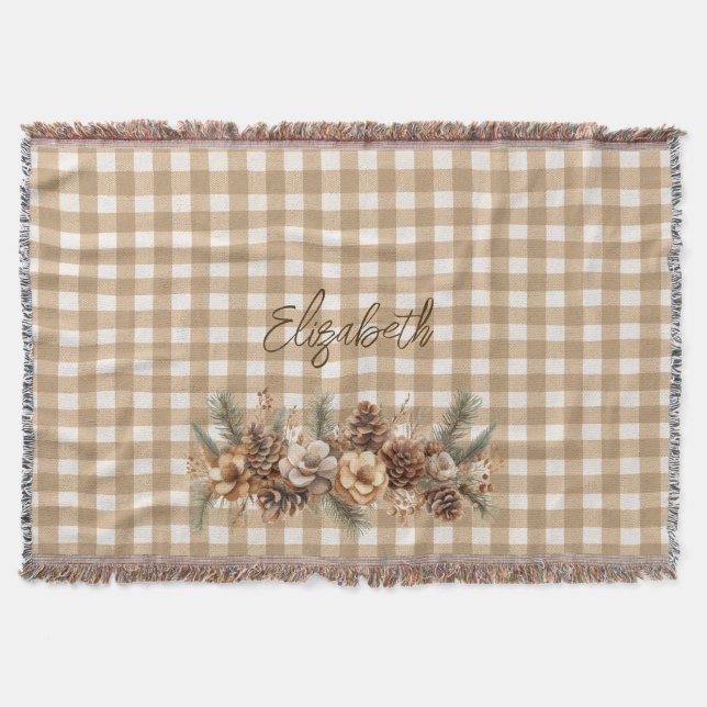 Rustikale Herbstkiefernzapfen Braunes Gingham Pers Decke (Vorderseite)