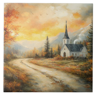 Rustikale Herbstkirche Aquarellmalerei Fliese