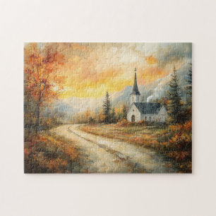 Rustikale Herbstkirche Aquarellmalerei Puzzle