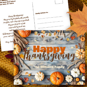 Rustikale Herbstkürbisse Blaue Holz Thanksgiving Postkarte