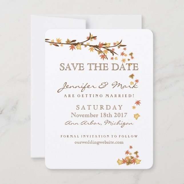 Rustikale Herbstlaub beim Hochzeitstag speichern d Save The Date (Vorderseite)