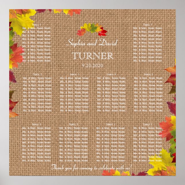 Rustikale Herbstlaub Burlap-Hochzeitstabelle Poster (Vorne)