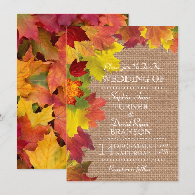 Rustikale Herbstlaub Burlap Wedding Einladung (Vorne/Hinten)