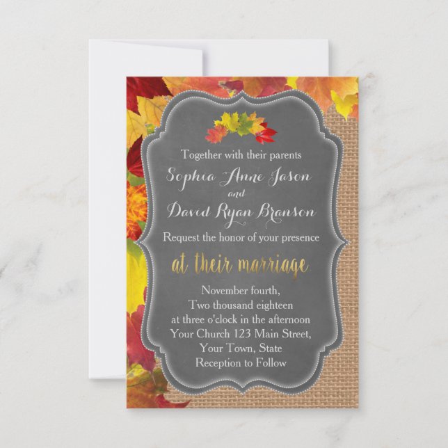 Rustikale Herbstlaub Burlap Wedding Einladung (Vorderseite)
