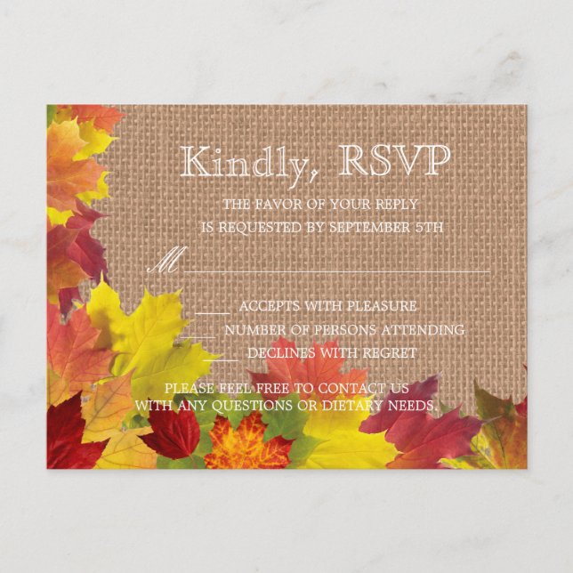 Rustikale Herbstlaub Burlap Wedding RSVP Einladungspostkarte (Vorderseite)
