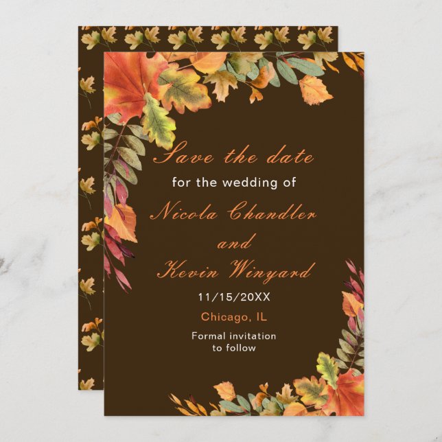 Rustikale Herbstlaub im Herbst Hochzeitsempfang Save The Date (Vorne/Hinten)