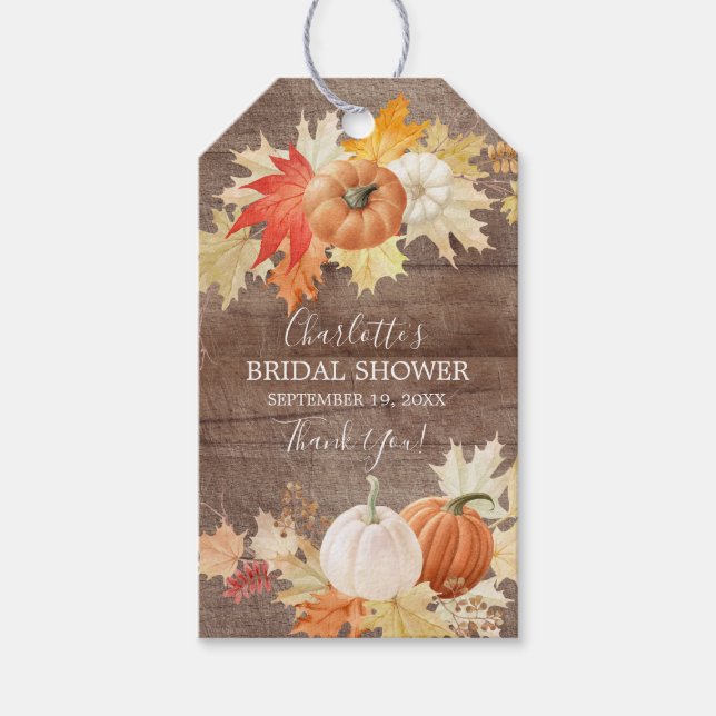 Rustikale Herbstleaves Pumpkin Brautparty Gefallen Geschenkanhänger (Vorderseite)