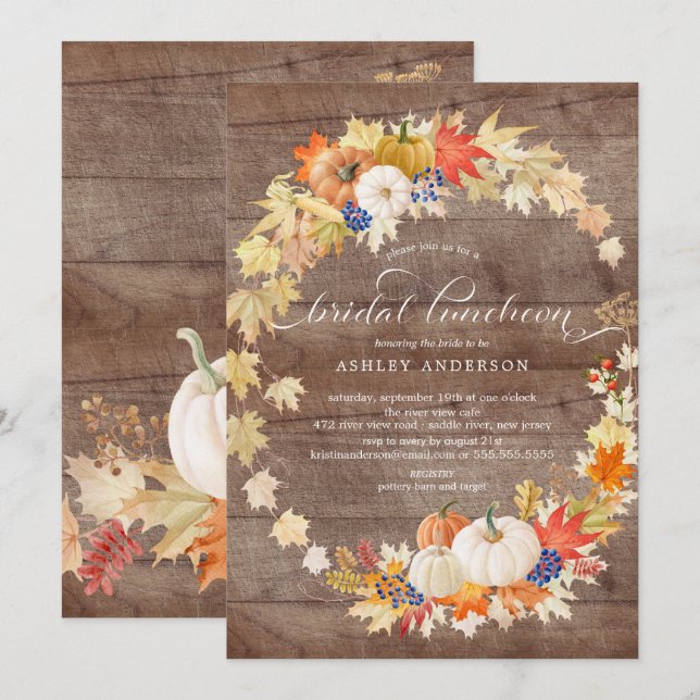 Rustikale Herbstleaves Wreath Brautparty Luncheon Einladung (Vorne/Hinten)