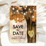 Rustikale Herbstleuchten Save the Date Ankündigungspostkarte<br><div class="desc">Herbstwald Save the Date Postkarten mit einem rustikalen Fallbaum, der mit roten, orangefarbenen und gelben Blätter bedeckt ist, einem geschnitzten Herz mit Ihren Initialen, Streichelleuchten und einem modernen Hochzeitstext. Für weitere Personalisierungen klicken Sie bitte auf die Schaltfläche "Anpassen", um diese Vorlage zu ändern. Alle Textstile, Farben und Größen können nach...</div>