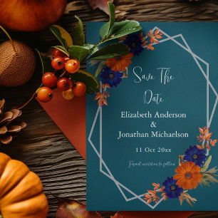 Rustikale herbstliche Orange-Navy-Blumen-Hochzeit Save The Date