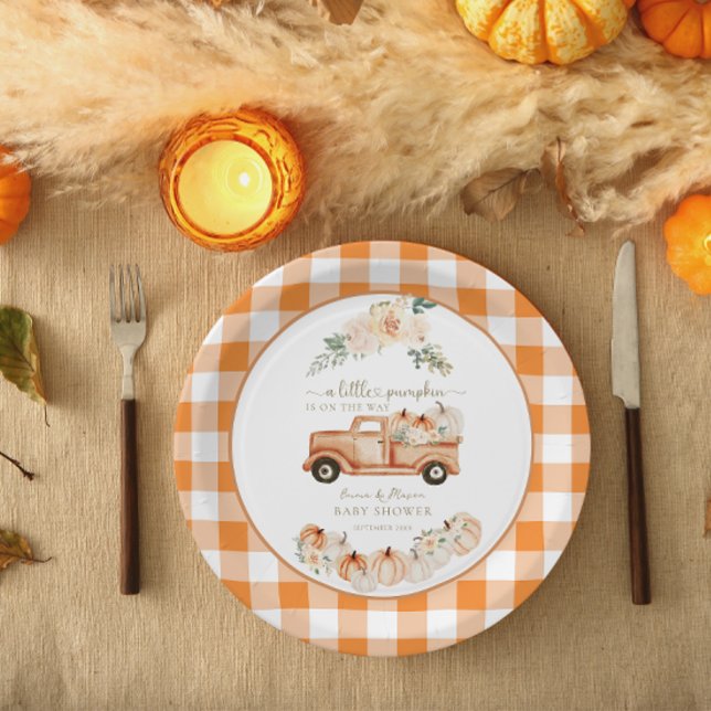 Rustikale Herbstpumpenwagen Karierte Babydusche Pappteller (Von Creator hochgeladen)
