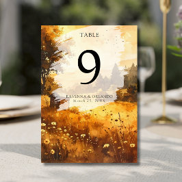 Rustikale Herbstscheune-Wiese-Aquarell-Hochzeit Tischnummer