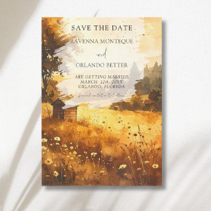 Rustikale Herbstscheune-Wiesen-Wasserfarben-Hochze Save The Date