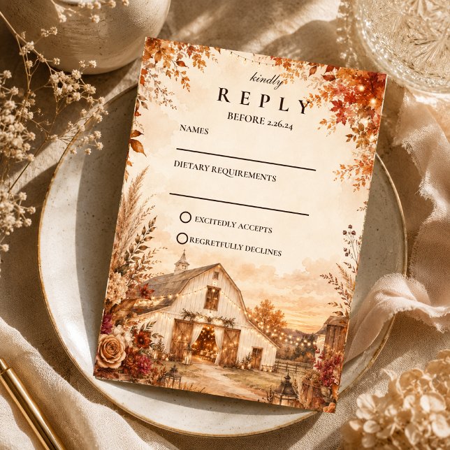 Rustikale Herbstscheunen-Hochzeit RSVP Karte (Von Creator hochgeladen)