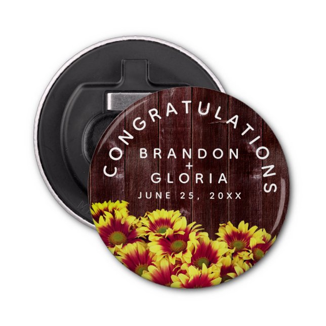 Rustikale Herbstsonnenblumen auf Zaunhochzeit Flaschenöffner (Vorderseite)