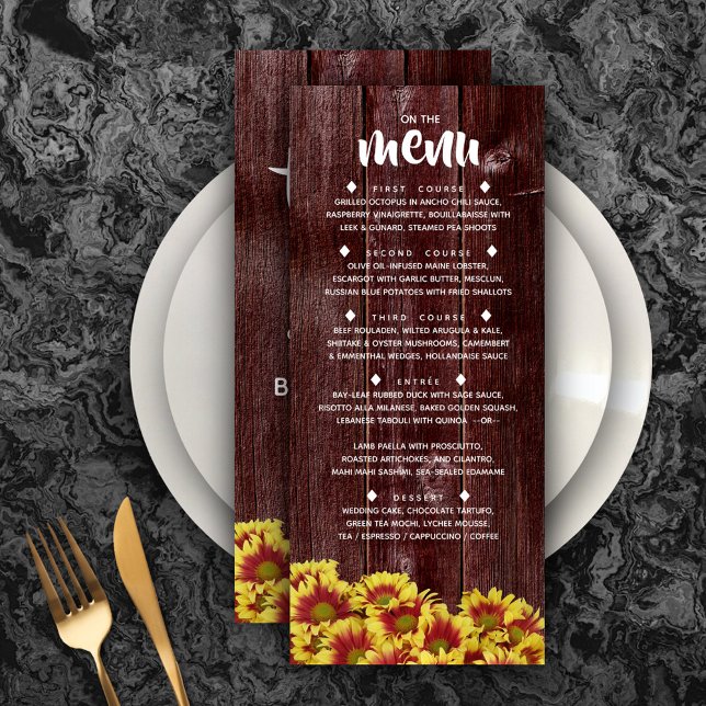 Rustikale Herbstsonnenblumen auf Zaunhochzeit Menükarte (Rustic Autumn Sunflowers on Fence Wedding Menu Rack Card Cover Photo.)