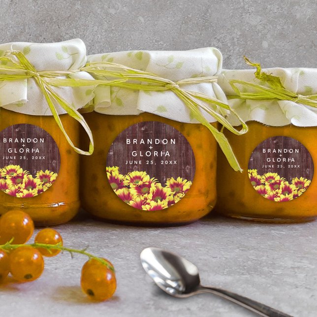 Rustikale Herbstsonnenblumen auf Zaunhochzeit Runder Aufkleber (Autumn Sunflowers on Rustic Wooden Fence Wedding Round Sticker Cover Photo.)