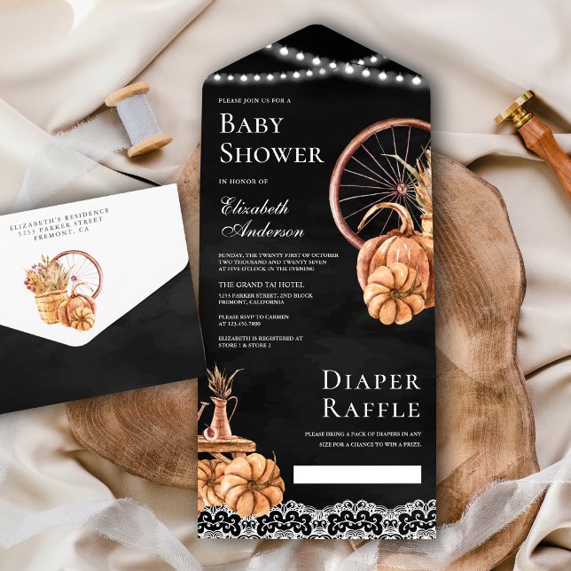 Rustikale Herbstsonnendusche Boho Pumpkin Black Ba All In One Einladung (Von Creator hochgeladen)