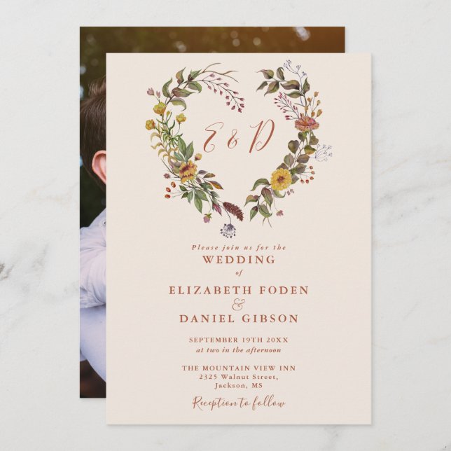 Rustikale Herbstverfall Blumenkohl Foto Hochzeit Einladung (Vorne/Hinten)