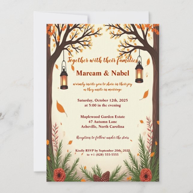 Rustikale Herbstwald-Laternen Hochzeitseinladung | Einladung (Vorderseite)