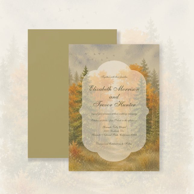 Rustikale Herbstwald-Wasserfarben-Hochzeit Einladung (Fall Forest Pine Trees Landscape Watercolor Wedding.)
