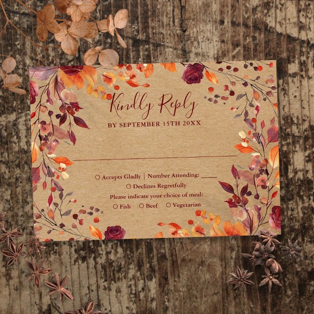 Rustikale Herbstwoche lässt blutige Hochzeit RSVP Karte (Rustic Fall Autumn Leaves Floral Wedding RSVP Card)