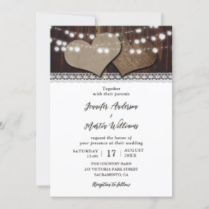 Rustikale Herz-String Lights Lace Barn Wood Weddin Einladung