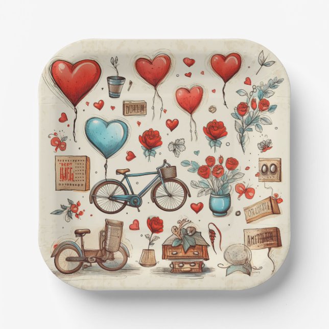 Rustikale Herzen Rot und Creme Pappteller (Vorderseite)