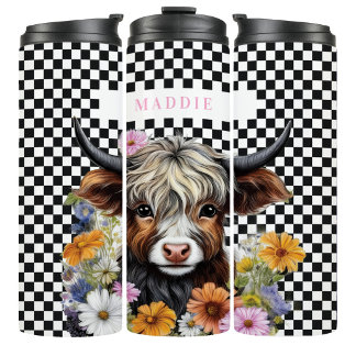 Rustikale Highland-Kuh-Blumen-Karo-Tumbler-Tasse Thermosbecher