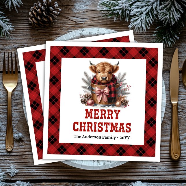 Rustikale Highland-Kuh-Feiertagsservietten Büffelk Serviette (Rustic highland cow holiday napkins buffalo plaid festive

)