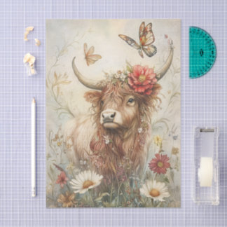 Rustikale Highland-Kuh mit Schmetterlings-Decoupag Seidenpapier