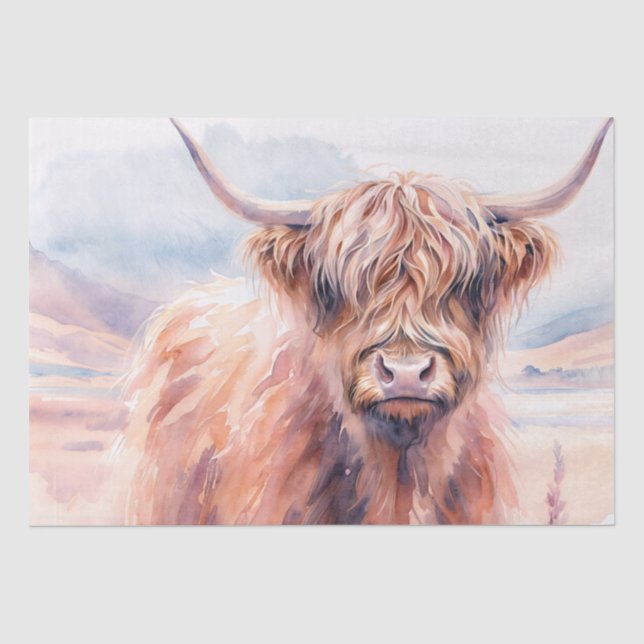 Rustikale Highland-Kuh – Wasserfarbenlandschaft Seidenpapier (Vorderseite)