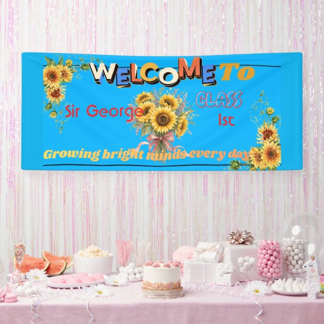 Rustikale himmelblaue Sonnenblumen-Lehrer-Klassenz Banner (Party)