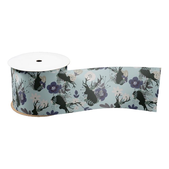 Rustikale Hirschkopf Blue Floral Moderne Babydusch Satinband (Spule)