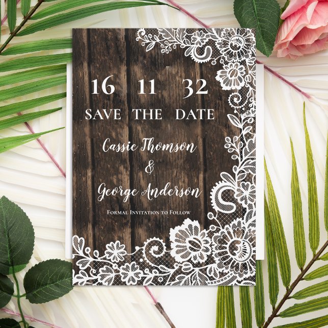 Rustikale Hochzeit aus Holz in Land retten Datum (Rustic Country Lace Wood Wedding Save the Date)