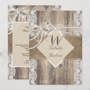 Rustikale Hochzeit Beige Perlen-Spitze Holz Jute Einladung