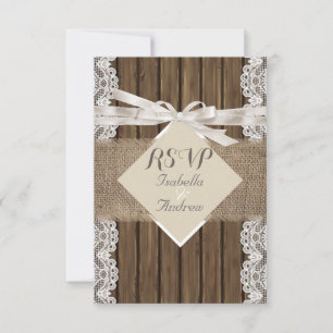 Rustikale Hochzeit Beige RSVP Spitze Holz Jute 3 Karte