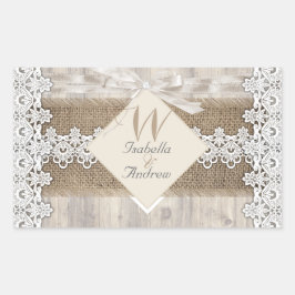 Rustikale Hochzeit Beige weiße Lace Wood Burlap AB Rechteckiger Aufkleber