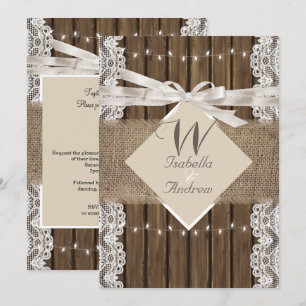 Rustikale Hochzeit Beige Weiße Spitze Holz Jute 5 Einladung