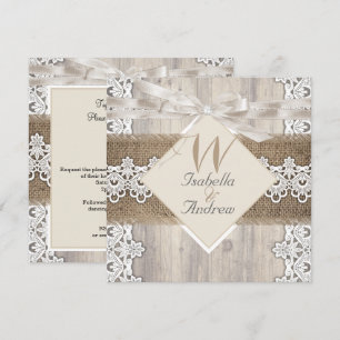 Rustikale Hochzeit Beige Weiße Spitze Holz Jute AB Einladung