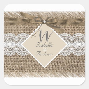 Rustikale Hochzeit Beige Weiße Spitze Jute 2 Quadratischer Aufkleber