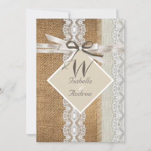 Rustikale Hochzeit Beige Weiße Spitze Jute Perle 5 Einladung