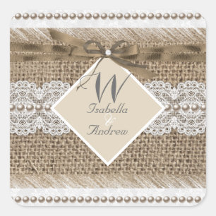 Rustikale Hochzeit Beige Weiße Spitze Jute Quadratischer Aufkleber