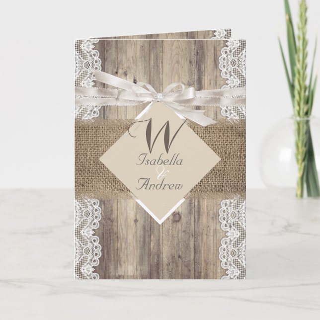 Rustikale Hochzeit Beige Weißholz-Burlap Einladung (Vorderseite)