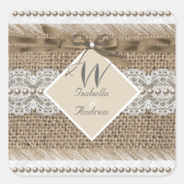 Rustikale Hochzeit Beige White Lace Burlap Quadratischer Aufkleber