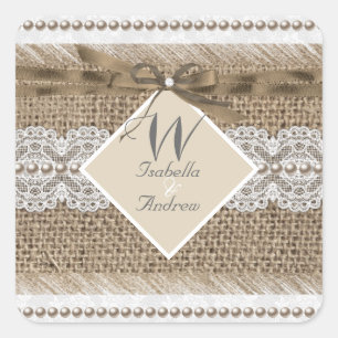 Rustikale Hochzeit Beige White Lace Burlap Quadratischer Aufkleber