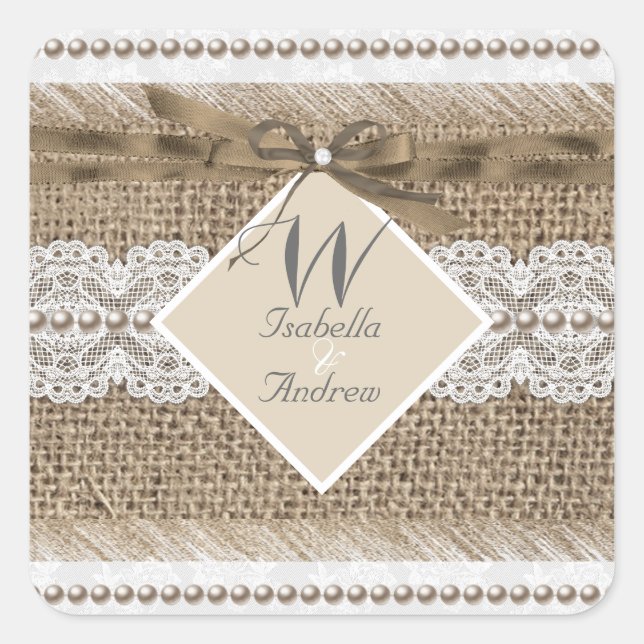 Rustikale Hochzeit Beige White Lace Burlap Quadratischer Aufkleber (Vorderseite)