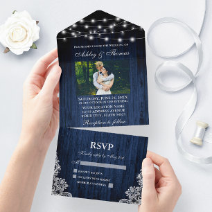 Rustikale Hochzeit Blaue Holz-Lichterkette mit Spi All In One Einladung