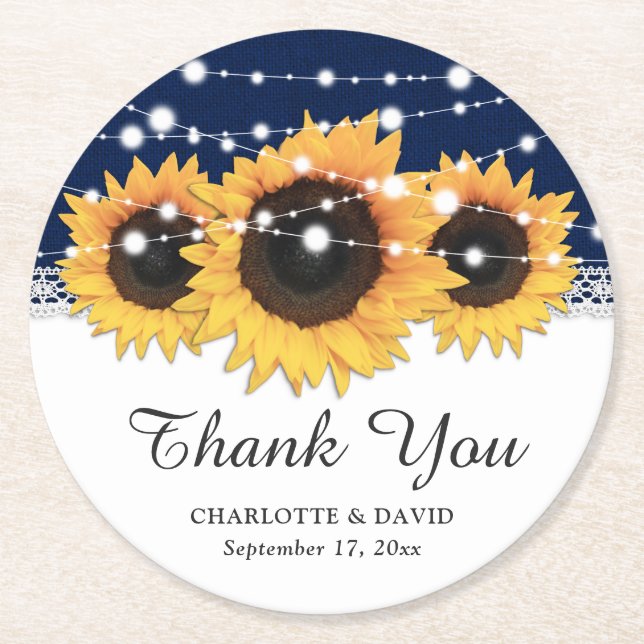 Rustikale Hochzeit der Blaublauen Burlap Sonnenblu Runder Pappuntersetzer (Vorderseite)