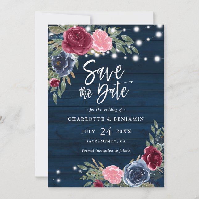 Rustikale Hochzeit der Blauen Burgundy Blush Save The Date (Vorderseite)